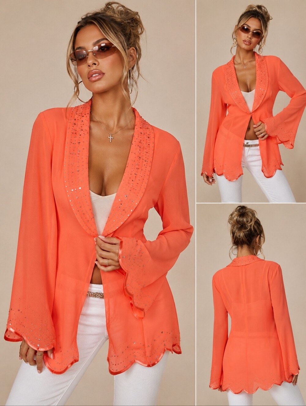 Vintage TALLY TAYLOR Blouse Womens Size 8 Coral Rhinestone Sheer Y2K Glam Bling